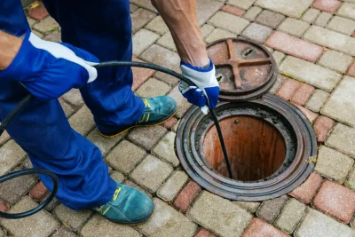 Plumber cleaning an outdoor sewer drain in Brighton