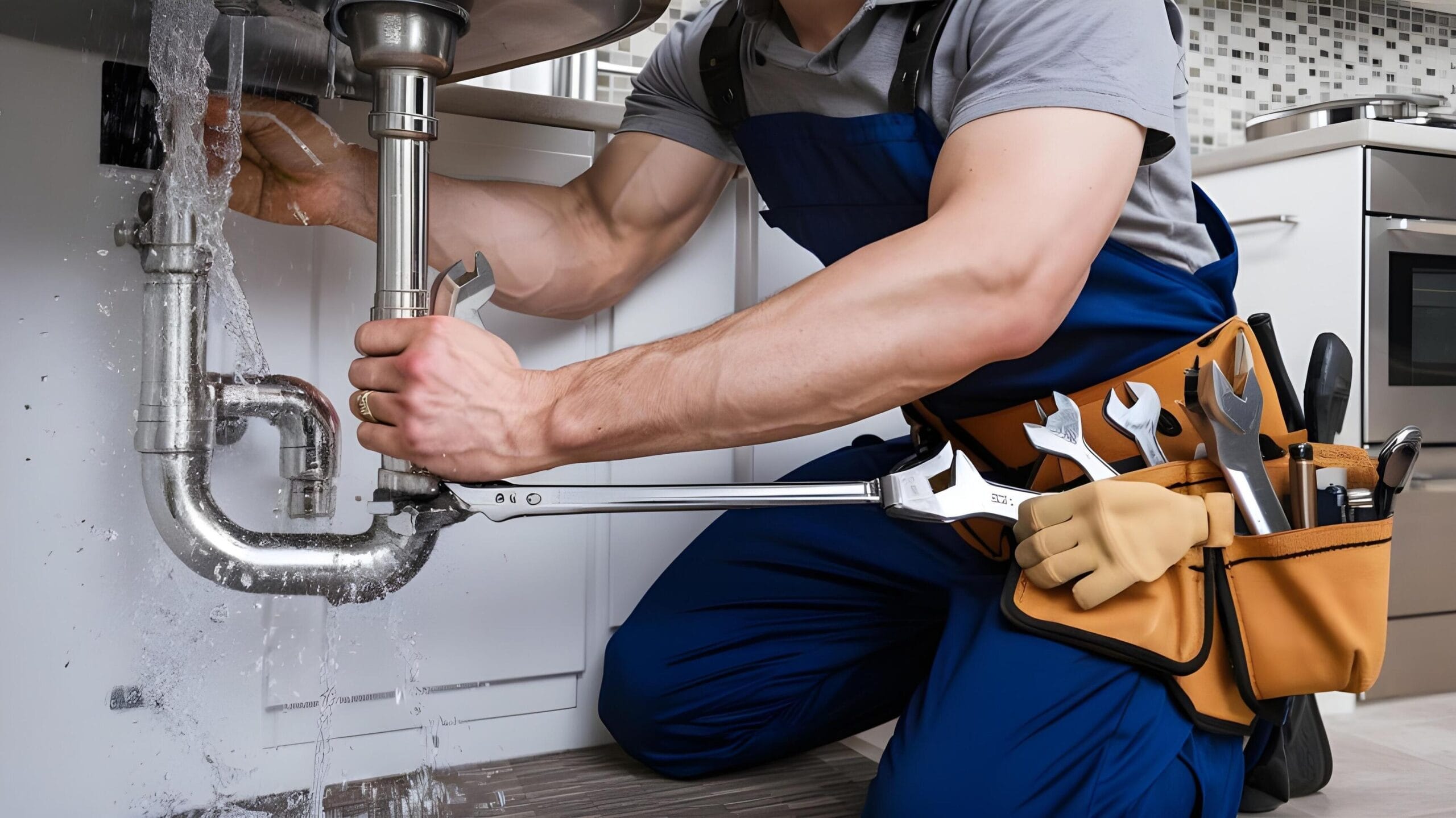 Plumber tightening a residential plumbing pipe in Brighton