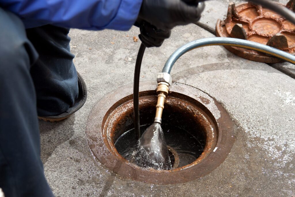 Plumber hydro jetting a sewer line through a manhole in Brighton