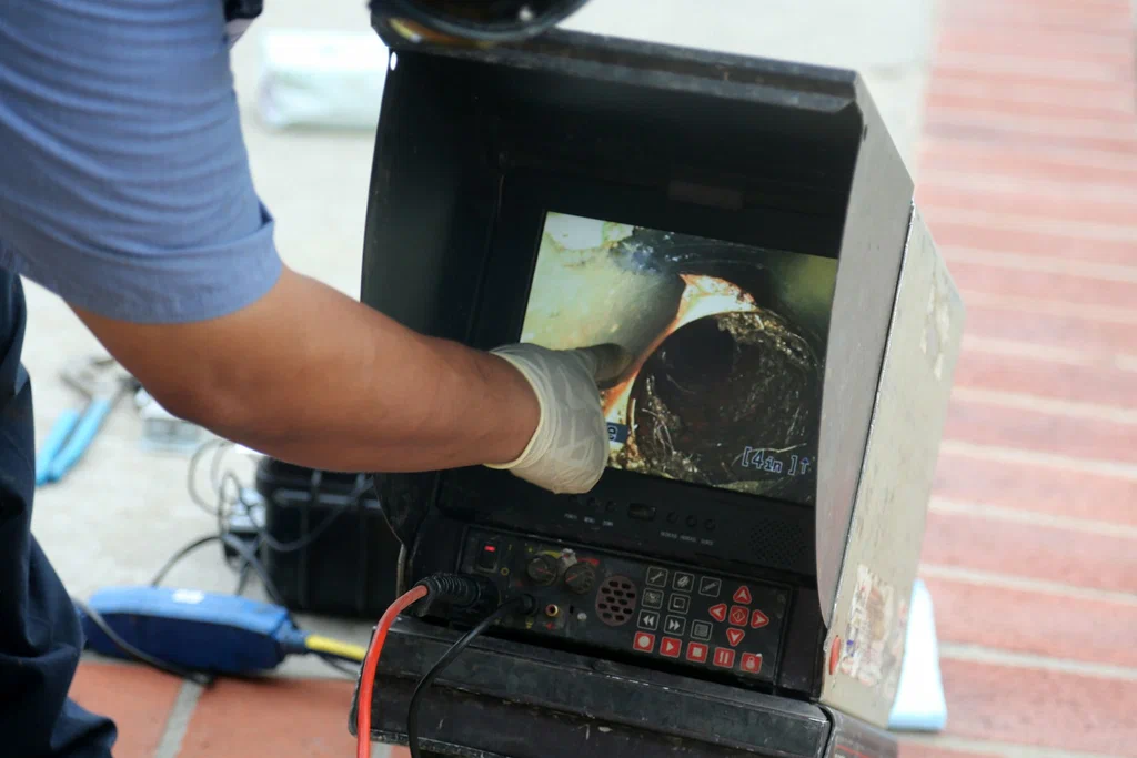 Technician viewing a drain inspection camera in Brighton