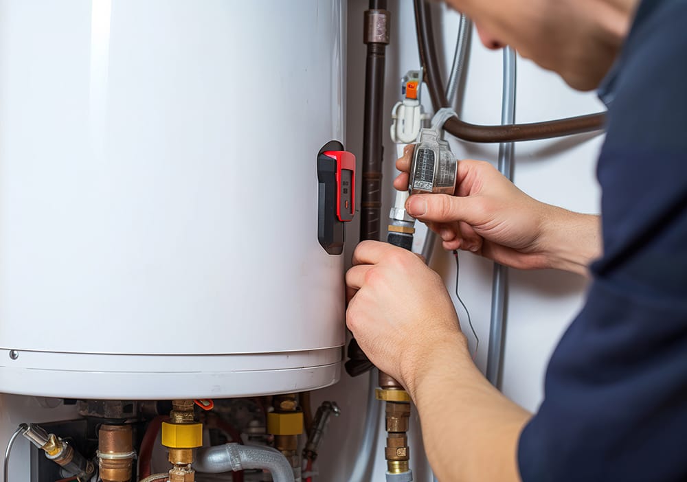 Technician repairing pipes connected to a water heater in Brighton